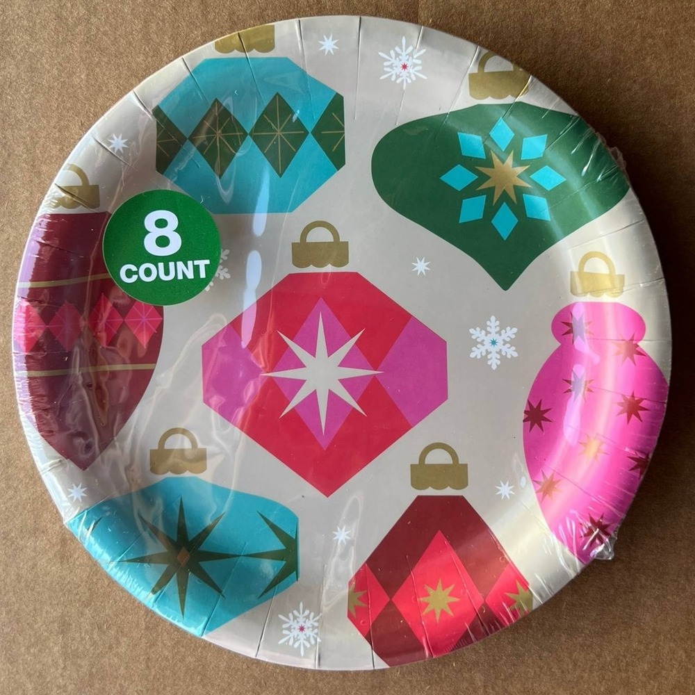 7 Pack 8 Count Retro Christmas Ornament Paper Plates 7" (56 Total)